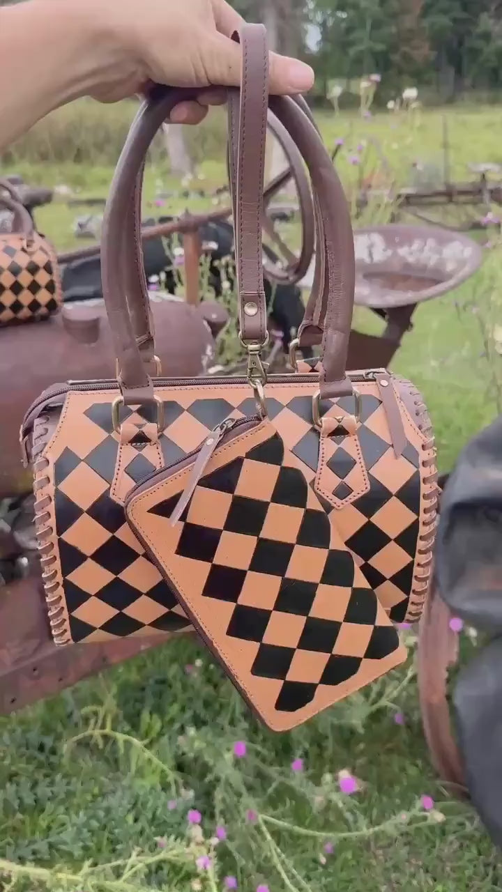 Caramel Espresso Checkered Speedy Western Genuine Leather Purse with optional wallet