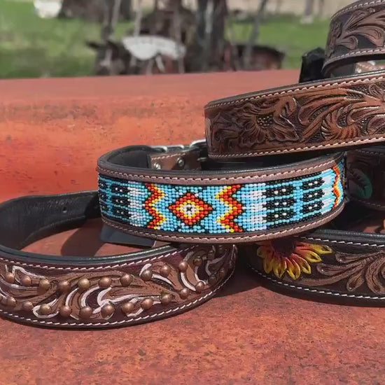 Western leather dog collar tooled or beaded details skull sunflower feather rhinestone by Double B Wild Rags