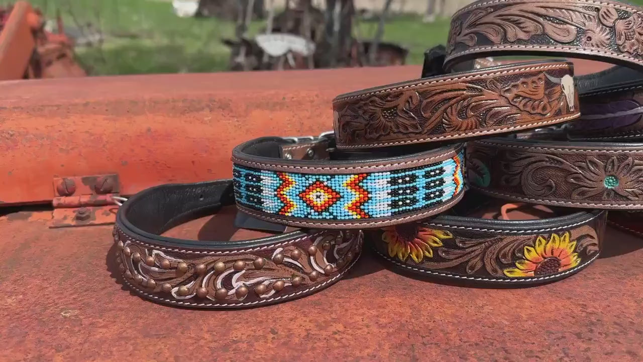 Western leather dog collar tooled or beaded details skull sunflower feather rhinestone by Double B Wild Rags